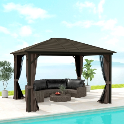 Outsunny Pérgola para Jardim 3x3,65 m Pérgola de Exterior com Teto Duplo 4 Paredes Laterais 4 Mosquiteiras Anti-UV Marrom