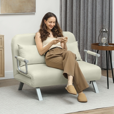 HOMCOM Sofá Cama de 2 Plazas con Respaldo Ajustable en 5 Posiciones Tapizado con Tacto de Ante y Cojines 111x80x78 cm Crema