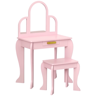 HOMCOM Coiffeuse Enfant Rose avec Tabouret et 3 Miroirs
