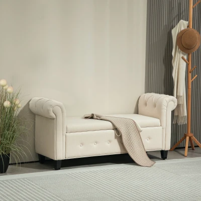 HOMCOM Banco de Pé de Cama de Linho com Dobradiças na Tampa Pés de Madeira e Apoio para os Braços 146,5x49x74,5 cm Bege