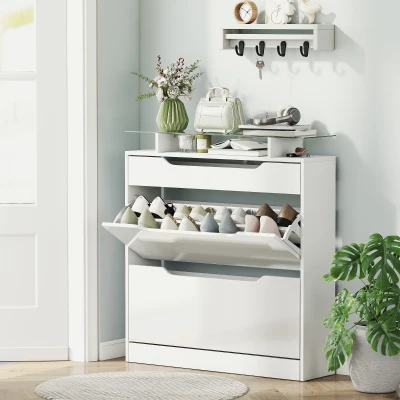HOMCOM Shoe Storage Cabinet White with Drawer & Adjustable Shelves