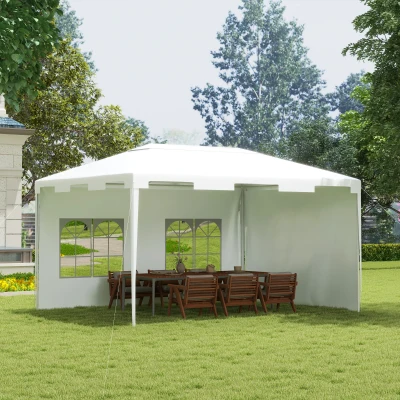Outsunny Tenda de Jardim 395x295x255 cm  Tenda de Exterior com 2 Paredes Laterais 2 Janelas Anti-UV para Pátio Varanda Branco