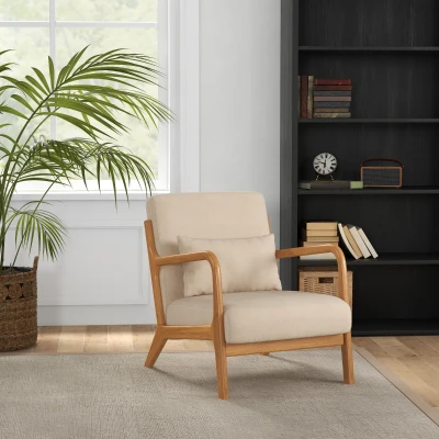 HOMCOM Butaca Nórdica Sillón de Salón Acolchado con Reposabrazos Cojín y Marco de Madera de Caucho 61x78x76 cm Beige