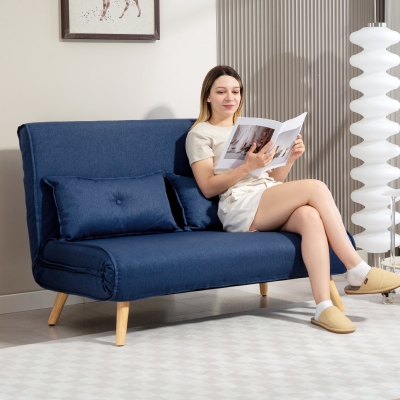 HOMCOM 2-Seater Linen-Look Sofa Bed Dark Blue
