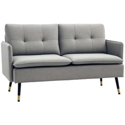 HOMCOM 2er-Sofa im Retrodesign, mit Knopfheftung, Sofa, Leinenoptik, Hellgrau + Schwarz + Gold
