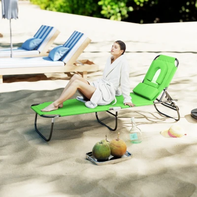 Outsunny Tumbona Plegable con Respaldo Regulable en 4 Posiciones Tumbona de Jardín con Almohada Marco Metálico y Tela Oxford para Camping Playa Terraza Carga 120 kg 190x56x28 cm Verde