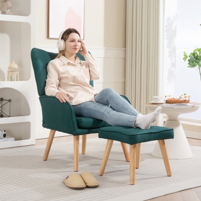 HOMCOM Sillón con Reposapiés Sillón Lectura con Respaldo Alto Capitoné Patas de Madera y Tapizado en Lino Verde Oscuro