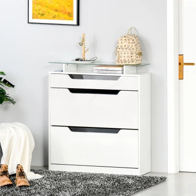 HOMCOM Schuhschrank Schuhregal mit 3 Schubladen Aufbewahrungsschrank Kippeimer mit Klapptür Glasplatte Verstellbares Regal Großes Fassungsvermögen für 14 Paar Hochglanz+Weiß 89 x 23 x 96 cm