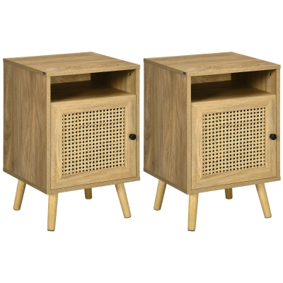 HOMCOM Juego de 2 Mesillas de Noche Estilo Cannage con Puerta y Estante Abierto Mesas Auxiliares 39x35x60 cm Natural
