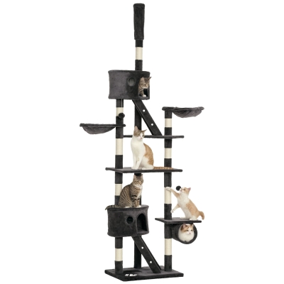 PawHut Árbol para Gatos de Suelo a Techo de 240-260 cm con Altura Ajustable Múltiples Plataformas Cuevas Cestos y Rampas Gris