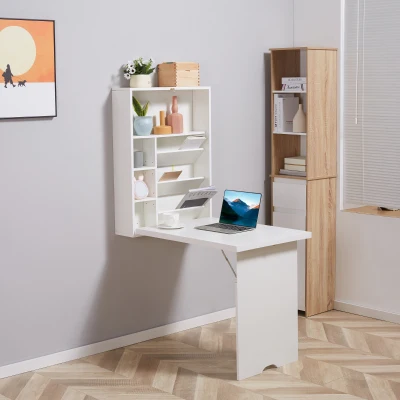 HOMCOM Klappbarer Wandtisch, wandmontierter Klappschreibtisch mit Regalen für Wohnzimmer, Esszimmer, Home Office, 93,8 x 60 x 147 cm, weiß