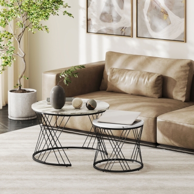 HOMCOM Set di 2 tavolini nidificati 70x70x46.5cm Grigio e bianco