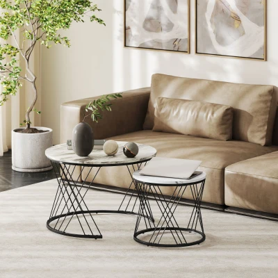 HOMCOM Set di 2 tavolini nidificati 70x70x46.5cm Grigio e bianco