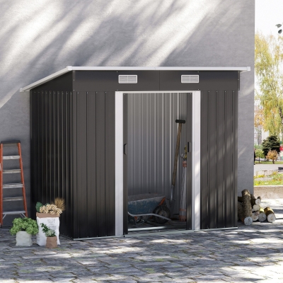 Outsunny Cobertizo de jardín Metálico 2,3 m² 207x130x182 cm Geräteschuppen con Techo en Voladizo Ventana Marco de Suelo Negro