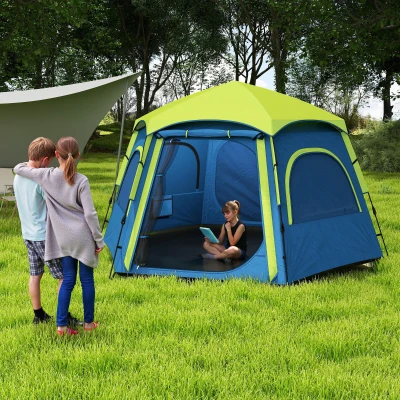 Outsunny Tenda de Campismo para 2-3 Pessoas Dobrável com Fácil Instalação e Bolsa de Transporte 280x240x155 cm Azul e Verde