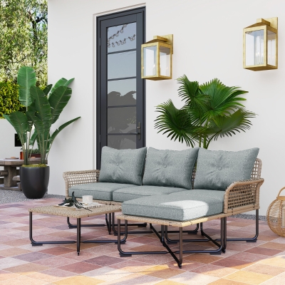 Outsunny Conjunto de Jardín de Ratán Sintético con Sofá de Exterior de 4 Módulos y 1 Mesa de Centro y Cojines Gris