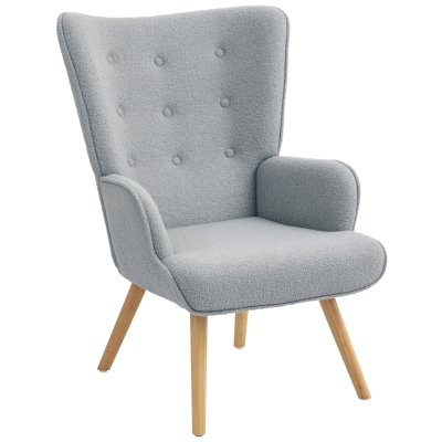 HOMCOM Fauteuil Salon Tissu Bouclette Gris Clair Pieds Bois