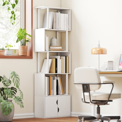 HOMCOM Librería de 5 Niveles en Forma de S con 5 Estantes y 2 Puertas para Sala de Estar Oficina 60x23,8x179,2 cm Blanco