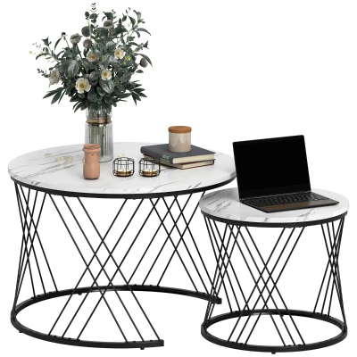 HOMCOM 2-delige Set Ronde Salontafels, Stapelbare Bijzettafels Met Metalen Frame Woonkamertafel Met Marmerlook~20uln12cq1g01