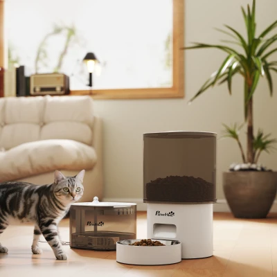 PawHut Automatischer Futterspender und 2,5 L Wasserspender für kleine Hunde, Katzen Weiß