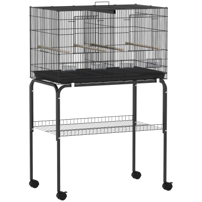 PawHut Jaula para Pájaros con Divisor Comederos Bandeja Extraíble y Soporte para Canarios y Periquitos 76x46x46/116 cm Negro