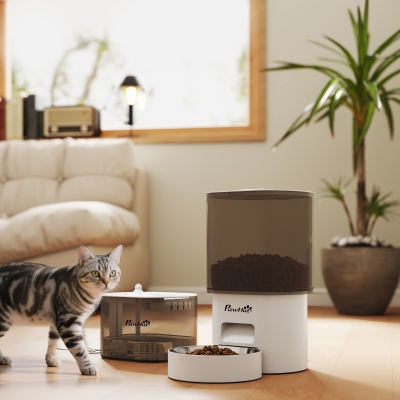PawHut Dispensador de Comida para Gatos y Perros de 3L con Control de App 1-10 Comidas al Día Filtros Luz LED con Cable o Pilas