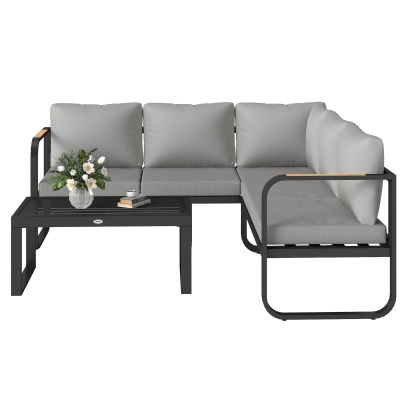 Outsunny Gartenmöbel-Set, 2-Sitzer-Sofa, 3-Sitzer-Sofa, Couchtisch, rostfreier Metallrahmen, Terrassenmöbel, Grau