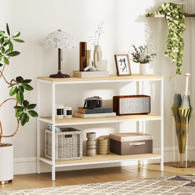 HOMCOM Console 3 Étagères Métal Bois Entrée Salon Blanc