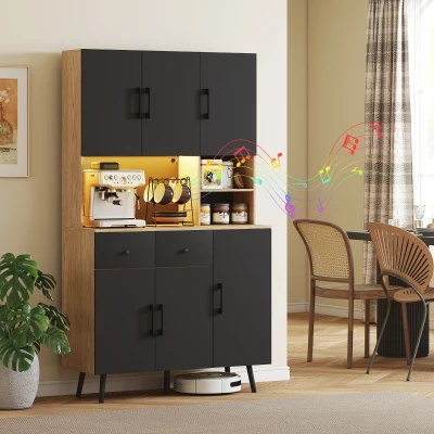 HOMCOM Küchenbuffet Küchenmöbel Aufbewahrung hoch mit RGB-LED-Licht Arbeitsplatte 6 Türen 2 Schubladen 100x40x176cm Schwarz