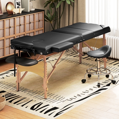 HOMCOM Camilla Masaje Plegable de Madera de 3 Zonas con Altura Ajustable Reposacabezas Reposabrazos 215x60x64-89 cm Negro