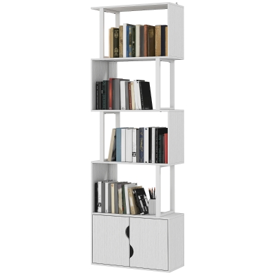 HOMCOM Bücherregal mit 5 Ebenen, Aufbewahrungsmöbel mit Regalen und doppeltem Türschrank, 60 x 23,8 x 179,2 cm, Weiß