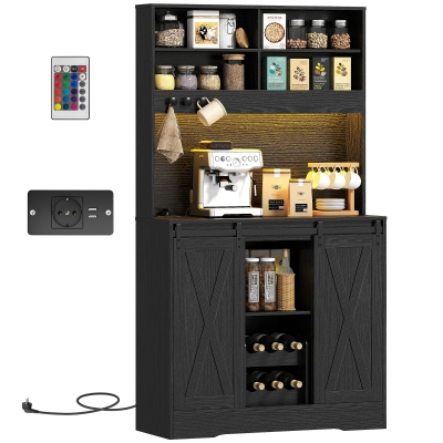 HOMCOM Credenza Cucina con Portabottiglie, Prese e Luci LED Nero