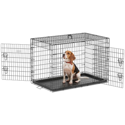PawHut Jaula para Perros Plegable Jaula para Perros Medianos con 2 Puertas Bandeja Extraíble Asa y Marco de Alambre Acero 106x71,5x76 cm Negro