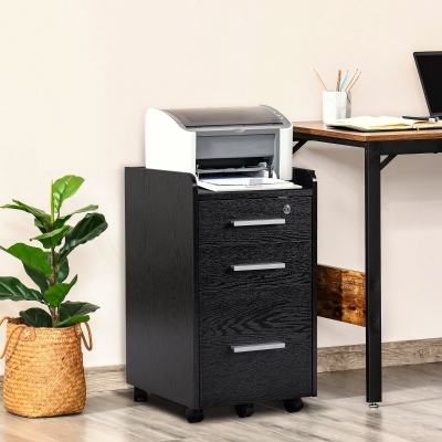 HOMCOM Archivador de oficina con ruedas 3 cajones 1 con llave 1 clasificador de archivos de madera Negro