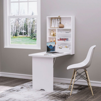 HOMCOM Escritorio plegable mural mesa mural plegable con estantes para sala de estar comedor oficina 93,8x60x147 cm Blanco