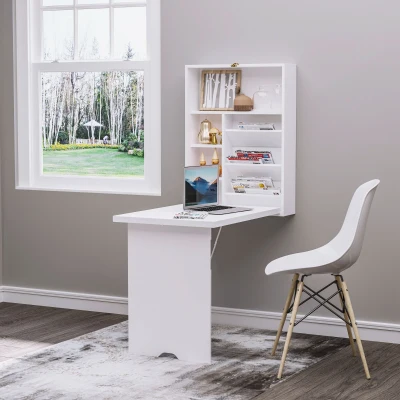 HOMCOM Escritorio plegable mural mesa mural plegable con estantes para sala de estar comedor oficina 93,8x60x147 cm Blanco