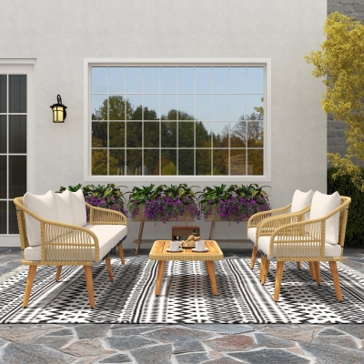 Outsunny Conjunto de Jardim em Vime com Almofadas Móveis de Exterior com 2 Poltronas Sofá de 3 Lugares Mesa Creme e Madeira