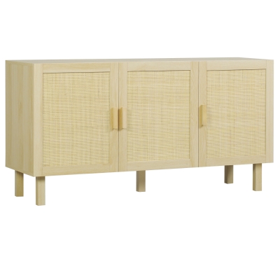 HOMCOM Aparador 3 Puertas de Rejilla de Ratán con Estantes Ajustables para Comedor Entrada Dormitorio Natural 136x41x70 cm