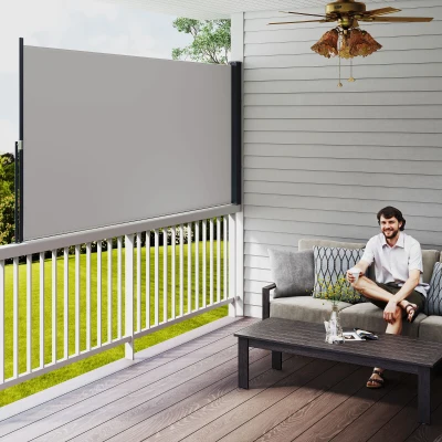 Outsunny Seitenmarkise, Seitenrollo, ausziehbar, Sichtschutz, Aluminium/Polyester, 3 x 1,4 m, Hellgrau