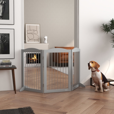 PawHut Barrera de Seguridad para Perros para Escaleras y Puertas Diseño Plegable y Soporte de Pie 154x30x80 cm Gris