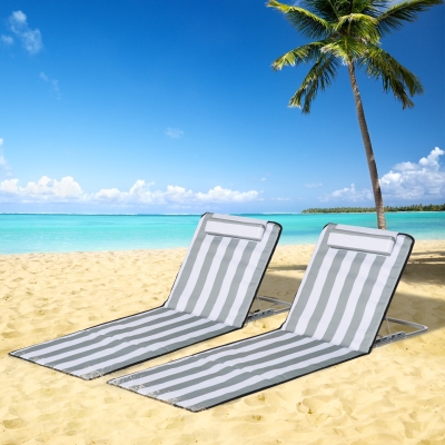 Outsunny Conjunto de 2 Esterillas con Respaldo Reclinable Reposacabezas y Bolsa de Transporte 134x48x33-43 cm Blanco y Gris