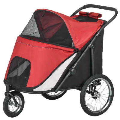 PawHut Poussette pour chiens, pliable, auvent relevable, coussin de couchage, cadre en acier, Rouge/Noir