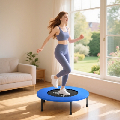 HOMCOM Cama Elástica Fitness Ø81 cm Trampolín de Acero con Borde Protector y 28 Resortes para Ejercicios en Interior y Exterior Carga 100 kg 81x81x22,5 cm Negro y Azul