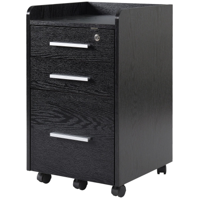 HOMCOM Caisson Bureau 3 Tiroirs Verrouillable Bois Noir Roulettes