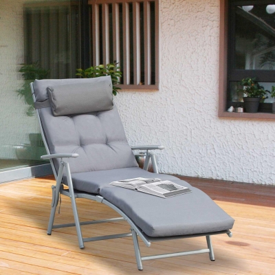 Outsunny Tumbona Plegable de Jardín con Respaldo Ajustable en 7 Posiciones Cojín Cuerpo Entero y Cabeza 137x63,5x100,5 cm Gris
