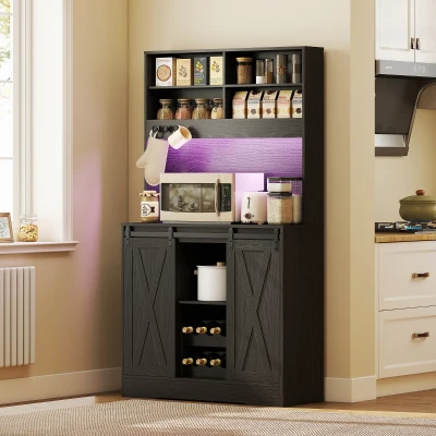 HOMCOM Buffet Cuisine Rustique Noir avec LED et Porte-Bouteilles