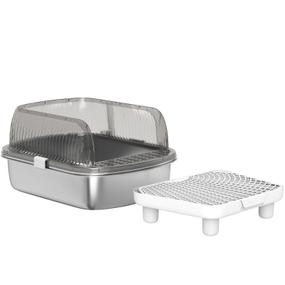 PawHut Bac à Litière Chat Couvert Acier Inox Gris avec Pelle