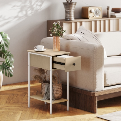 HOMCOM Mesa Auxiliar Estrecha con Cajón Estante Abierto y Estructura Metálica para Salón Dormitorio 25x39,8x58,2 cm Natural