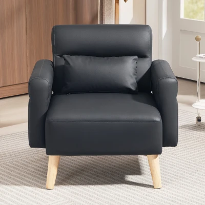 HOMCOM Poltrona Moderna Estofada em Couro Sintético com Apoios de Braço Acolchoados e Pés em Madeira 77x78x78 cm Preto