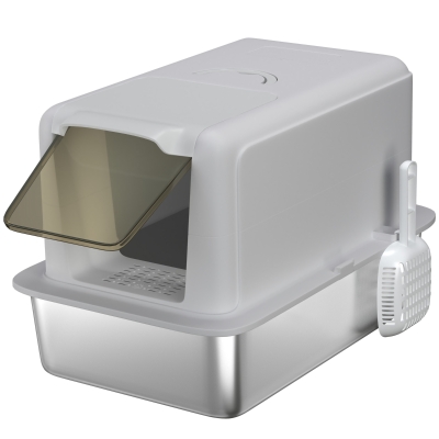 PawHut Bandeja de Arena para Gatos, Recipiente de Acero Inoxidable, Filtro, Pala, para Gatos hasta 6 kg, 40,5 x 60,5 x 41,5 cm, Gris/Plata